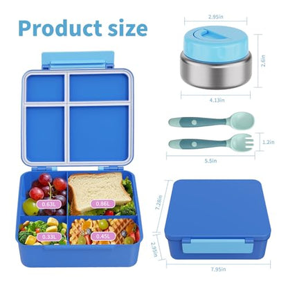 Bento Box for Kids with Thermo Food Container (9oz), 4-Compartment Lunch Box, Adjustable Divider, Leakproof Bento Lunch Box, Includes Utensils & Carry Bag for School, Office(Blue) - color: Blue