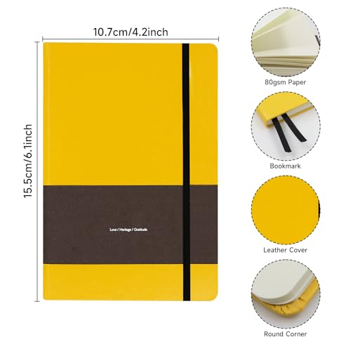 A6 Leather Hardcover Notebook - 2Pack 192 Pages Thick 100GSM Paper, Dotted/Grid/Blank, with Elastic Band & Inner Pocket for Writing, Sketching, Journaling (Yellow) - color: Yellow, size: A6