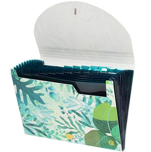 CNK File Folders Organizer with 13 Pockets Accordion Expanding Folder Documents Receipt Document Paper Pocket Filing Accordian Important Expandable Holder Files Alphabetical Labels Letter - color: Plant
