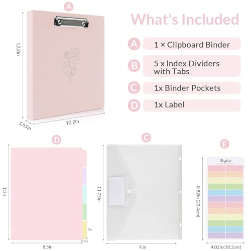 SKYDUE Pink 3 Ring Binder with Clipboard,1 Inch Linen Binder for 3 Hole Punch Letter Size Loose Leaf Paper with 5 Dividers, Pocket and Labels School and Office Supplies - color: Pink