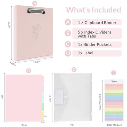 SKYDUE Pink 3 Ring Binder with Clipboard,1 Inch Linen Binder for 3 Hole Punch Letter Size Loose Leaf Paper with 5 Dividers, Pocket and Labels School and Office Supplies - color: Pink