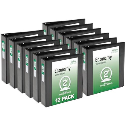 Office Essentials Economy View 3 Ring Binders, 2" Round Rings, 2.8" Spine, 375-Sheet Capacity, Black Binders (12-Pack of 03429) - size: 2"