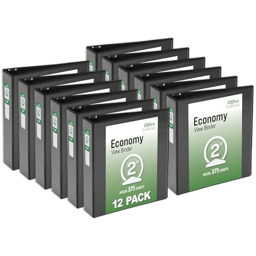 Office Essentials Economy View 3 Ring Binders, 2" Round Rings, 2.8" Spine, 375-Sheet Capacity, Black Binders (12-Pack of 03429) - size: 2"