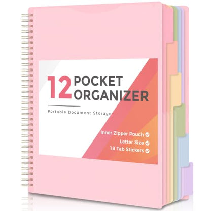 SKYDUE 12 Pocket Organizer, Spiral Multi Pocket Folder with Dividers, Pink Organize Notebook - color: Pink