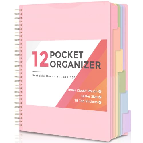 SKYDUE 12 Pocket Organizer, Spiral Multi Pocket Folder with Dividers, Pink Organize Notebook - color: Pink