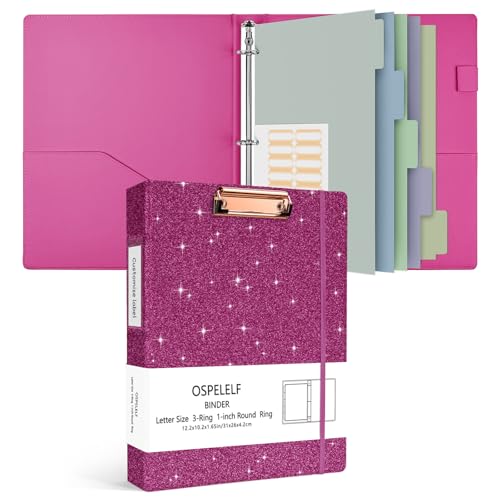 Ospelelf 3 Ring Binder 1 Inch, Vintage Leather Clipboard Binders, Binder Organizer Dividers with Tabs for Letter Size, Professional Office Portfolio, Glitter Pink - color: Glitter Pink, size: Letter Size - 1 Inch