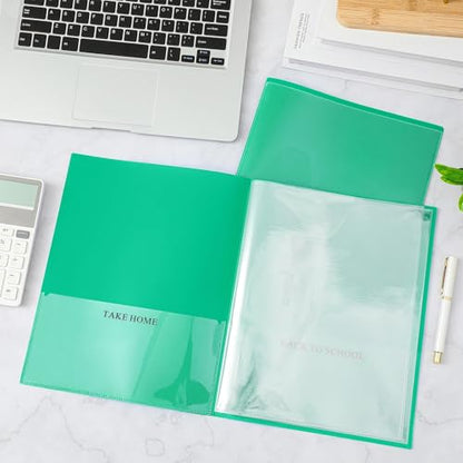 Henoyso 48 Pcs Green School and Home 2 Pocket Folders with 4 Clear Inner Pockets Plastic Heavy Duty Homework Folders Parent Teacher Communication for Student Home Office Classroom,11 x 9 Inch - color: Green