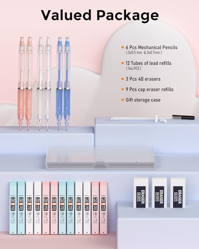 Nicpro 23PCS Pastel Mechanical Pencil 0.5 & 0.7 mm with Case for School, with 12 tubes HB Lead Refills, 3 Erasers, 9 Eraser Refills For Student Writing, Drawing, Sketching, Blue & Pink & White Colors