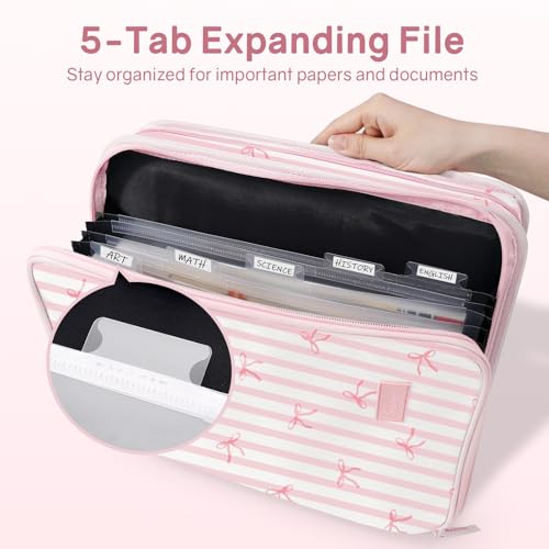 SUNEE Zippered Binder Bag with Handle, 2-Inch 3-Ring O-Ring, 500-Sheet Capacity, Includes Zip Pocket, 5-Tab Expanding File Folder, Multi-Pocket Organizer Binder for Middle School, Pink Bow - color: Pink Bow
