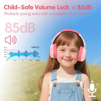 LOBKIN Kids Headphones Bluetooth 6.0,Over Ear Kids Headphones Wireless with Mic 55H Playtime AUX Cord 85dB Safe Volume Limited Foldable Design for Boys Girls Travel/School/iPad