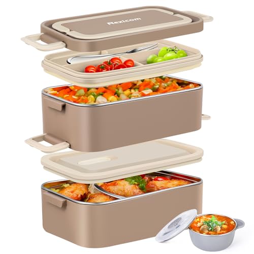 Stainless Steel Lunch Box for Kids and Adult, Two Layer 2 L Capacity Leak-Proof Bento Box for Kids, Lunch Containers for Women School Office with Stainless Steel Soup Bowl Spoon and Fork - color: coffee color