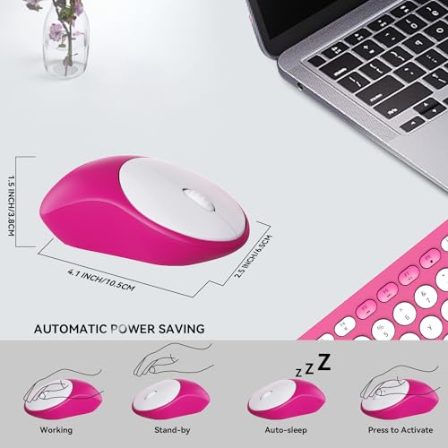 Wireless Keyboard and Mouse Combo, 2.4GHz Colorful Cute Round Keycaps Keyboard for Office Computer PC Desktops Laptop (96 Keys Rose Red) - color: 96 Keys Rose Red