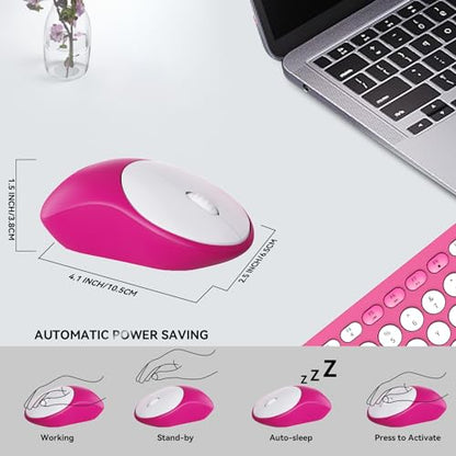 Wireless Keyboard and Mouse Combo, 2.4GHz Colorful Cute Round Keycaps Keyboard for Office Computer PC Desktops Laptop (96 Keys Rose Red) - color: 96 Keys Rose Red