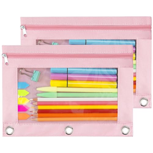 Pencil Pouch 3 Ring Binder, Zipper Clear Window Pencil Pouches Case Cosmetic Bag with Initial Pink 2 Pack - color: Pink