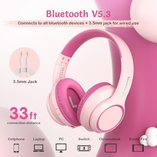 TONOSHARK Kids Bluetooth Headphones with Active Noise Cancelling, Wireless Over-Ear Headphones for Boys Girls, Foldable, Adjustable, 40H Playtime, Mic for School Travel(Pink) - color: Pink