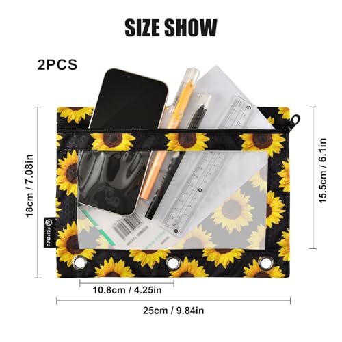Sunflower Pencil Pouches for 3 Ring Binder, Zipper Binder Pencil Case, 2 Pack Clear Window Case Bag for Office Organizers - color: Sunflower