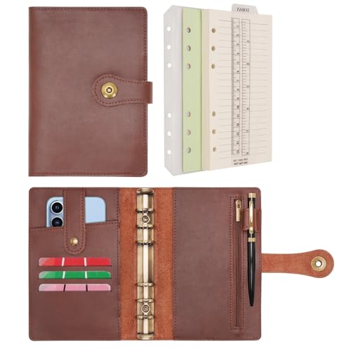 Wonderpool A6 Binder Journal Leather Spiral Notebook Refillable College Ruled Paper, Budget Binder Rings Diary Organizer with Pen for Office School Travel Business Planning Writing (Coffee,A6) - color: Coffee, size: A6