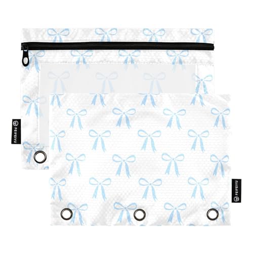 Blue Bow White Pencil Pouch for 3 Ring Binder 2 Pcs Binder Pouches with Zipper Pocket Pencil Case Bag with Clear Window for Office Work School Supplies - color: Blue Bow White