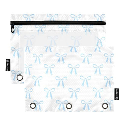 Blue Bow White Pencil Pouch for 3 Ring Binder 2 Pcs Binder Pouches with Zipper Pocket Pencil Case Bag with Clear Window for Office Work School Supplies - color: Blue Bow White