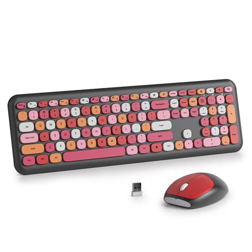 Wireless Typewriter Keyboard and Mouse Combo Retro 104 Key Full Size Office Set Red Keyboard with Silent Round Keycaps, Ideal for Laptop and Desktop PCs, Cute Design Keyboard (Red) - color: Red mix