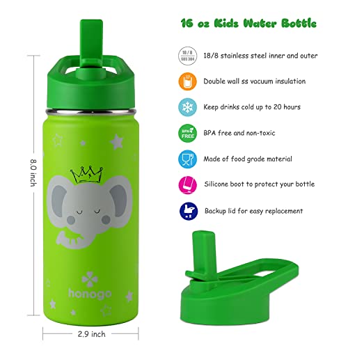 16 oz Stainless Steel Insulated Kids Water Bottle, Leak Proof Metal Thermal Flask with Straw lid, Cute Toddler Tumbler Cup for School Girls & Boys (Green, Elephant) - color: Green, Elephant