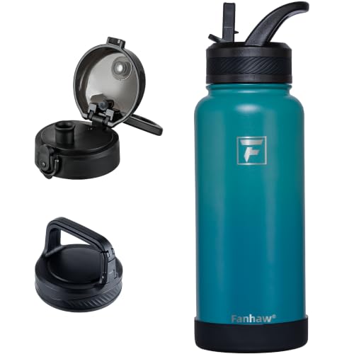 Fanhaw 32 oz Insulated Water Bottle – Portable Stainless Steel Flask with 3 Lids (Straw, Chug, Carabiner) | Leakproof, for Gym, Hiking, Work, Travel & Everyday Use (Green Blue) - color: Green Blue, size: 32 Ounces
