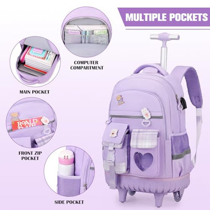 ACESAK Rolling Backpack for Girls - Roller Wheels School Bookbag with Lunch Bag & Pencil Pouch for Teen Girls Kids Wheeled Suitcase Backpacks, Elementary Middle School Travel Daypack (Purple) - color: Purple