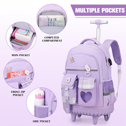 ACESAK Rolling Backpack for Girls - Roller Wheels School Bookbag with Lunch Bag & Pencil Pouch for Teen Girls Kids Wheeled Suitcase Backpacks, Elementary Middle School Travel Daypack (Purple) - color: Purple