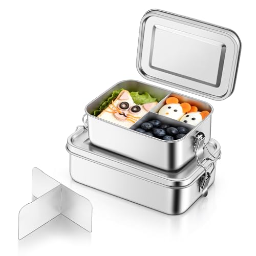 TeamFar 2 Pack Stainless Steel Bento Box, 28 & 47oz Metal Lunch Box | 3 Compartments for Adults/Kids, Lunch Food Containers for School/Work/Meal Prep, Leak-Proof & Dishwasher Safe, 850ML+1400ML - size: 850ML+1400ML