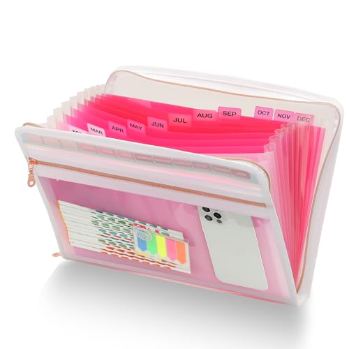 H4D Accordion File Organizer, 13 Pocket Expanding File Folder, Pink | Zippered, Front Clear Pouch, Letter Size Paper, A4 Paper, Fit for Documents - color: Pink