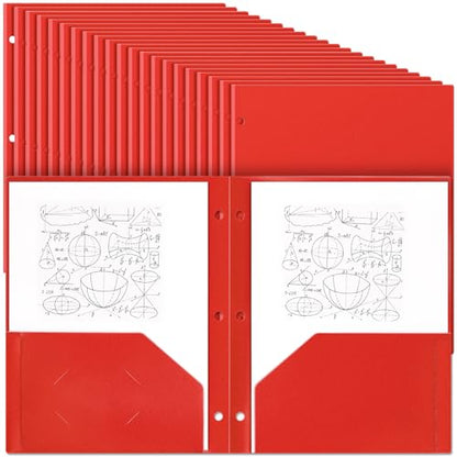 Yeaqee 100 Pcs Plastic Folders with Pockets Bulk 3 Hole Punched 2 Pocket File Folders for 3 Ring Binder Divider Folder for Notebooks, Durable Poly for Office Home (Red) - color: Red
