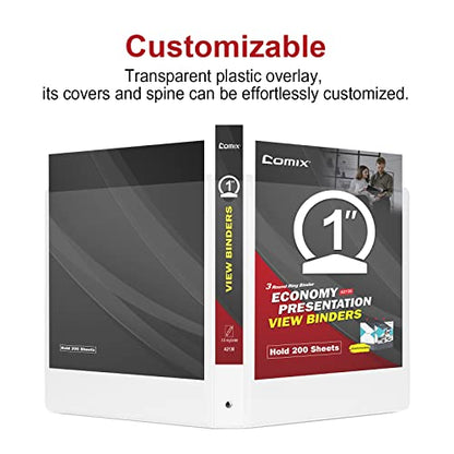 COMIX Sturdy 3 Ring Binder 1 inch with Clear View Cover, 1" Round Ring View Binder, PVC-Free, 200 Sheets Capacity of US Letter Size Paper, Office ＆ School Supplies, 24 Pack (White) - color: White, size: 1 Inch, style: 24 Pack