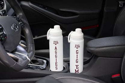 Texas A&M Water Bottle - White Double Walled Stainless Steel 24 oz Keeps Drinks Cold or Hot - color: Texas A&M Gig Em - White