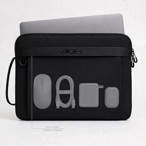 Acer Laptop Sleeve Case for 15.6-16 inch Laptops, Slim Protective Computer Sleeve with Hidden Zipper Pocket, Soft Plush Bubble Padding, Side Handle and Luggage Strap, Travel Laptop Bag, Black | Slim, Soft Bubble Padding, Extra Front Storage, Wrist Strap,