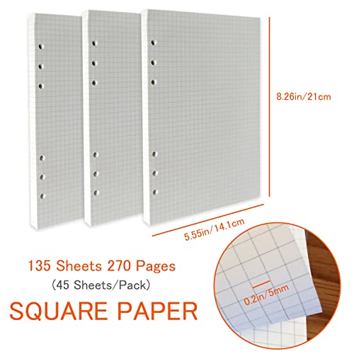 DY.2ten A5 6-Hole Binder Notebook Refills Set - 135 Sheets (270 Pages) Graph Paper + 2pcs A5 Zipper Binder Pockets + 5 Pcs A5 Dividers + Index Note Tabs + Index with Date + Ruler - color: A5 Square Paper
