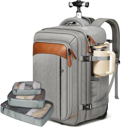 Vancropak Travel Rolling Backpack with Wheels, Airline Approved Roller Bag | Expandable Wheeled Backpack with 3 Packing Cubes, 17 Inch Roller Carry on Luggage Suitcase Laptop Bag for Men & Women, Grey - color: Grey