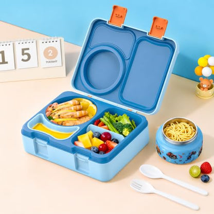 Kids Lunch Box with Thermo, Leakproof Bento Box for Kids with 8OZ Insulated Food Jar, Ice Pack, Sauce Cup, Utensils, Removable Tray & Dividers for School Daycare Travel (Trucks) - color: Trucks