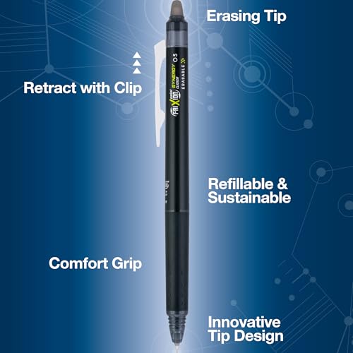 Pilot FriXion Synergy Clicker Erasable, Refillable, Retractable Gel Ink Pens, Extra Fine Point 0.5 mm, Pack of 5, Black Ink, FriXion Erasable Pens 0.5 - Ideal for School & Office Writing - color: Black 5
