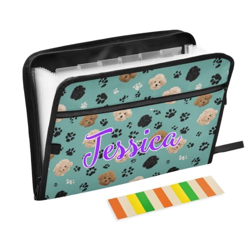 Kcldeci Custom Expanding File Folder with 13 Pockets,Poodle and Dog Paws Green Personalized Accordion Document Organizer with Labels, A4 Letter Size Portable Paper Storage for Office School Home Trave - color: Poodle and Dog Paws Green