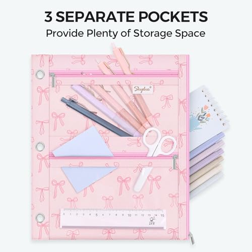 SKYDUE Binder Pencil Pouch for 3 Ring Binder, 3 Compartment Zipper Case, Large Capacity Pen Organizer with Clear PVC Window for School Supplies, Students, Kids & Teachers - color: Pinkbow
