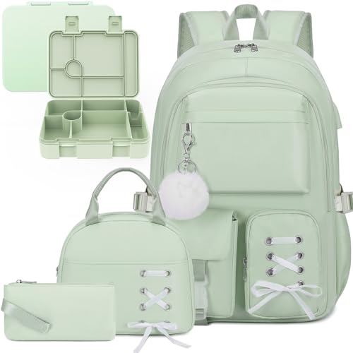 Scothen Backpack for Girls with Bento Lunch Box Set, School Bag Bookbag for Teens Girls Kids Student, 43oz Lunch Containers Lunchbox, Insulated Lunch Bag & Pencial Case, Back to School Gifts - color: Green