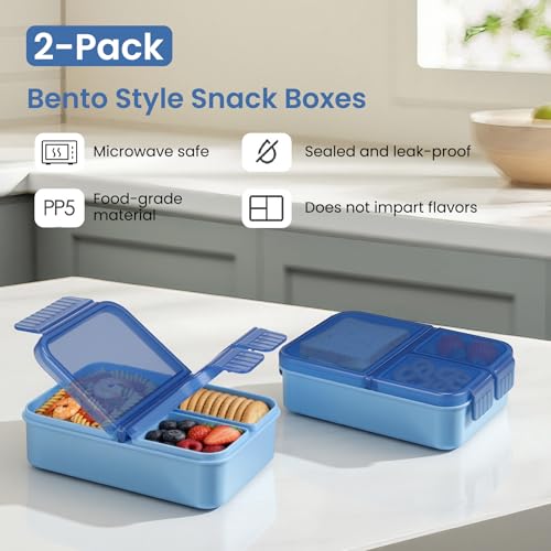 HWONMTE 2 Pack Bento Lunch Snack Boxes Set for Kids Reusable Food Containers Removable Dividers for Toddler Girls Boys Teens to School,Travel (2 Pack Blue) - color: 2 Pack Blue