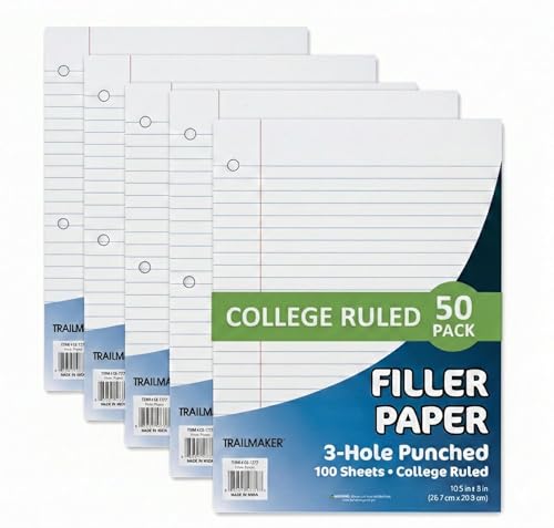 Trail Maker (50 Pack) Bulk Filler Paper College Ruled, 8 x 10-1/2 Inch College Ruled Paper, 3 Hole Punch, Loose Leaf Notebook Paper for 3 Ring Binders, 5000 sheets total - size: 50 Pack (5,000 Sheets)