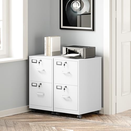 BYNSOE 2 Drawers File Cabinet with Lock Metal Vertical File Cabient with Wheels Mobile File Cabinet for Office Home Legal/Letter/a4 Size Require Assembly (White, 2 Drawers) - color: White, size: 2 Drawers-wheels
