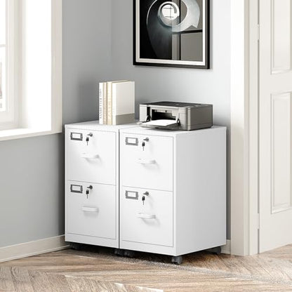 BYNSOE 2 Drawers File Cabinet with Lock Metal Vertical File Cabient with Wheels Mobile File Cabinet for Office Home Legal/Letter/a4 Size Require Assembly (White, 2 Drawers) - color: White, size: 2 Drawers-wheels