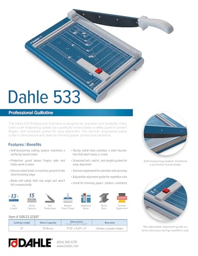 Dahle 533 Professional Guillotine Trimmer, 13" Cut Length, 15 Sheet Capacity, Self-Sharpening, Manual Clamp, German Engineered Paper Cutter | For paper, photos and business cards, ideal for hobby and creative projects, precise cuts, stable cutting table -