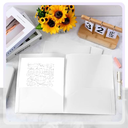 Gueevin 150 Pcs Plastic Folders with Pockets, Two Pocket Folder Fit 8.5 x 11 Inch Letter Size Paper, Heavy Duty School Folders Business Card Holder for Home Office School Bussiness (White) - color: White