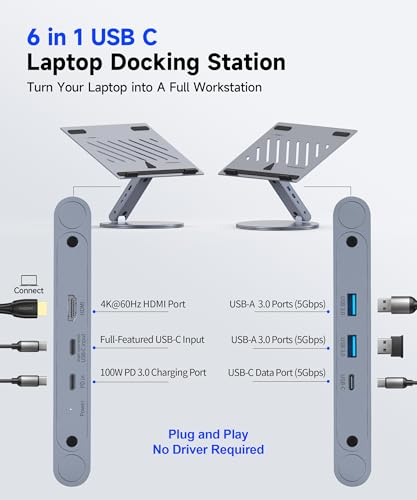YICOSUN 6-in-1 USB C Laptop Docking Station Stand, 4K@60Hz HDMI, 100W PD, 5Gbps USB 3.0, 360° Swivel Adjustable Aluminum Laptop Stand for 10-15.6 Inch MacBook Pro Air Dell HP Lenovo Surface, Gray