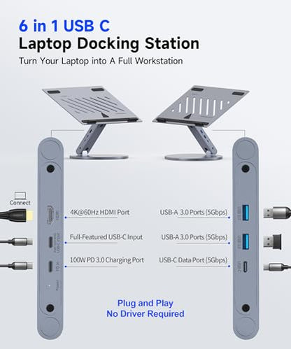 YICOSUN 6-in-1 USB C Laptop Docking Station Stand, 4K@60Hz HDMI, 100W PD, 5Gbps USB 3.0, 360° Swivel Adjustable Aluminum Laptop Stand for 10-15.6 Inch MacBook Pro Air Dell HP Lenovo Surface, Gray