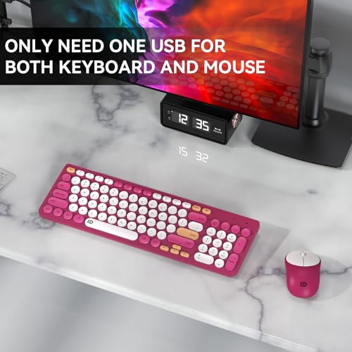 Wireless Keyboard and Mouse Combo, 2.4GHz Colorful Cute Round Keycaps Keyboard for Office Computer PC Desktops Laptop (96 Keys Rose Red) - color: 96 Keys Rose Red